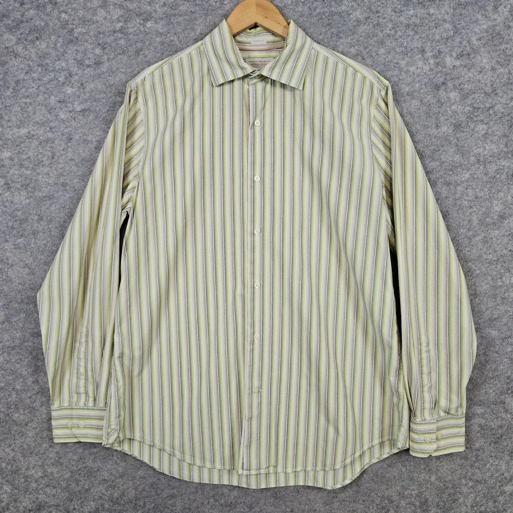 Banana Republic‎ Men's Green/Beige Striped Dress Shirt Size L Classic Fit Preppy